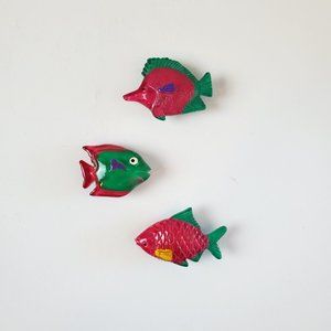 Tropical FISH Set of 3 Snap Open Close Metal Button Covers Pink Green Vtg 90's